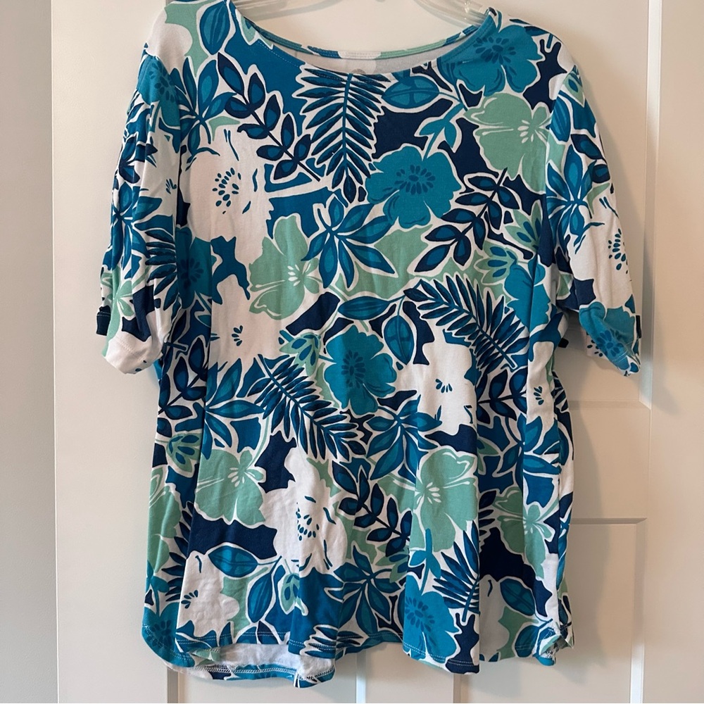 Ruby Rd Blue Tropical Floral Cotton Top Lattice Sleeve Detail Size 1X
